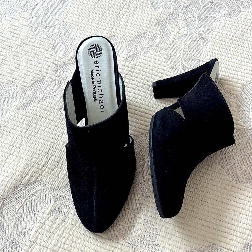 Eric Michael Black Suede Pointed Open-Back Mule Heels